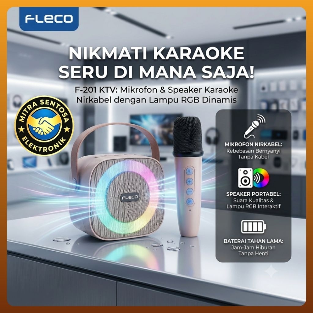 Speaker Bluetooth Karaoke Portable Fleco F201 KTV Mic Wireless Lampu LED RGB