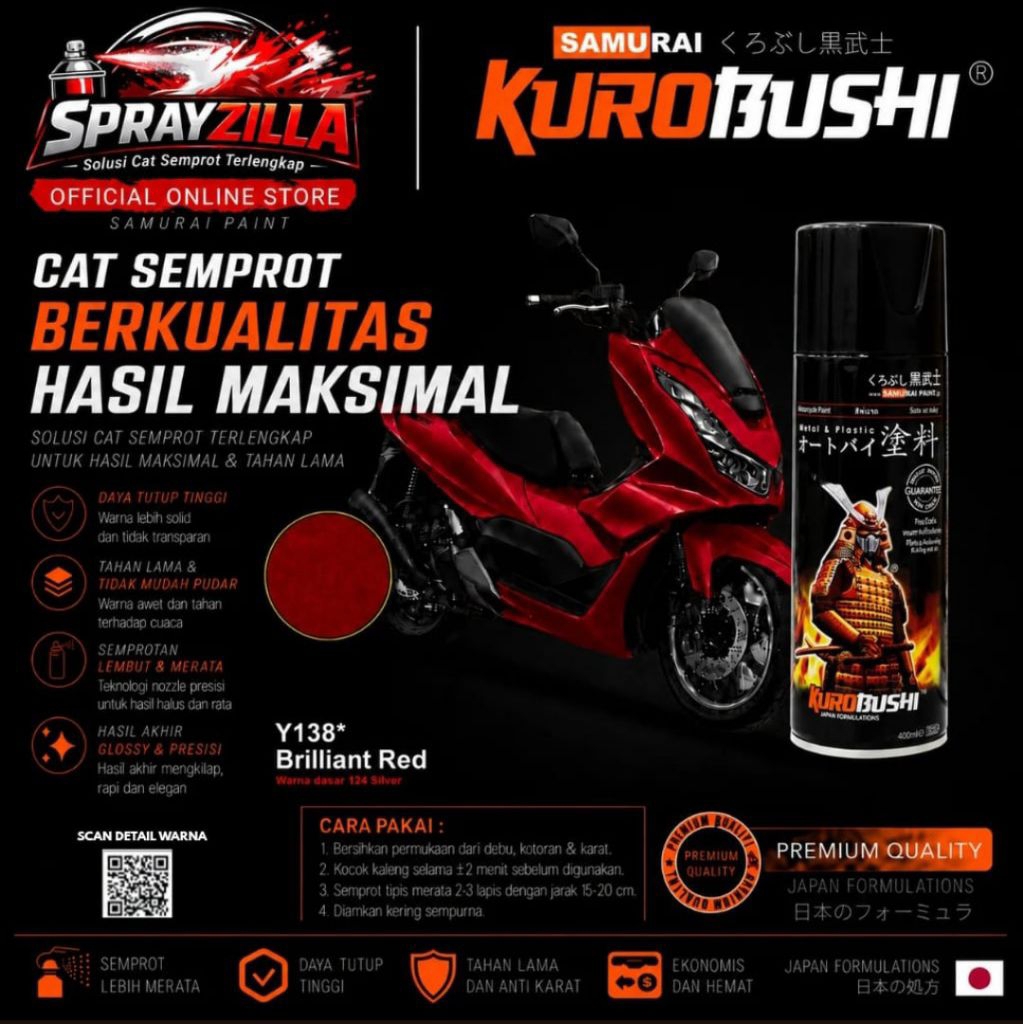 Samurai Paint Brilliant Red Yamaha #Y138* Cat Aerosol Kualitas Kompresor merah candy red candy
