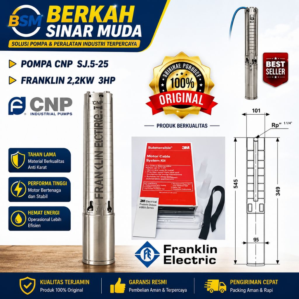 Pompa Franklin 3 HP 220 V Pompa Air Satelit CNP SJ5-25 Stainless Steel