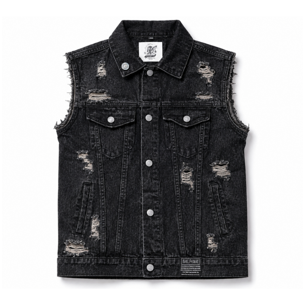 GALFINC Rompi Jeans Pria Vest Denim - Vest Blackstone Disstressed