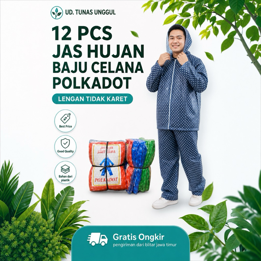 12pcs JAS HUJAN SETELAN BAJU CELANA POLKADOT / mantel plastik polkadot/mantel kresek murah/mantel pl