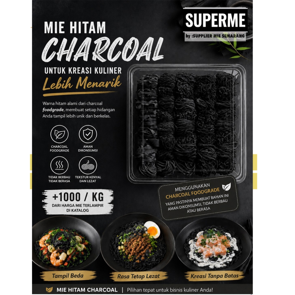 BLACK CHARCOAL NOODLE - MIE HITAM - Mie basah 3 mm  - Mie Basah Mentah / Bakmi Mentah / Ramen / Fres