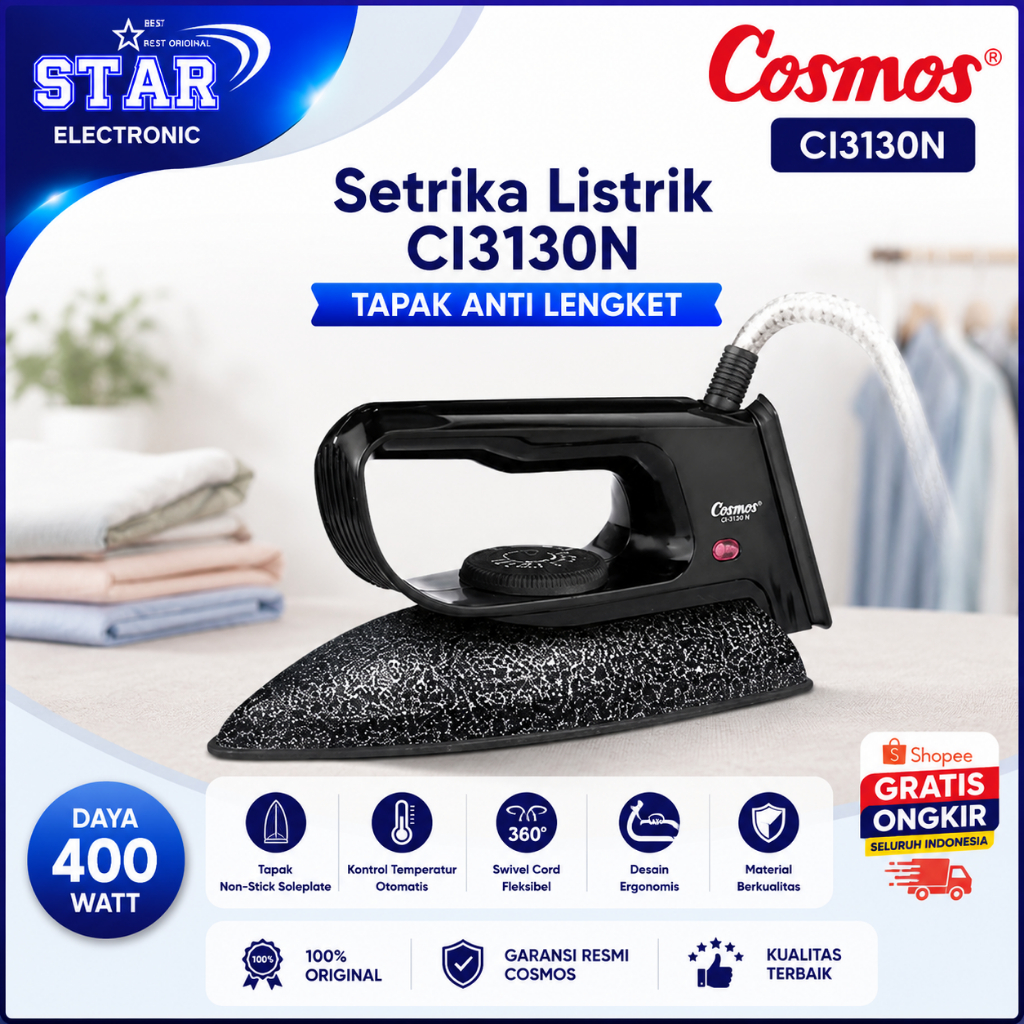 COSMOS SETRIKA LISTRIK ANTI LENGKET CI3130N/CI-3130N/CI-3130-N/CI 3130N/CI 3130 N/ORIGINAL GARANSI