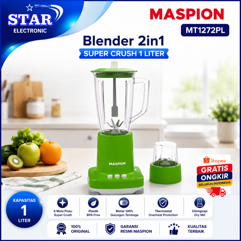 MASPION BLENDER 2IN1 MT 1272PL/Blender plastik 1Liter/MT1272PL/MT1272 PL/MT 1272PL/ORIGINAL/GARANSI