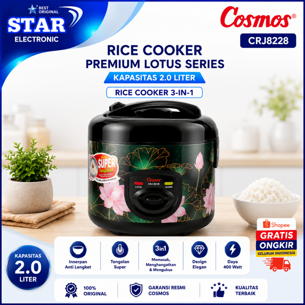 COSMOS RICE COOKER NON STICK CRJ8228B 2L/CRJ-8228B/CRJ-8228-B/CRJ-8228/CRJ 8228/ORIGINAL BERGARANSI