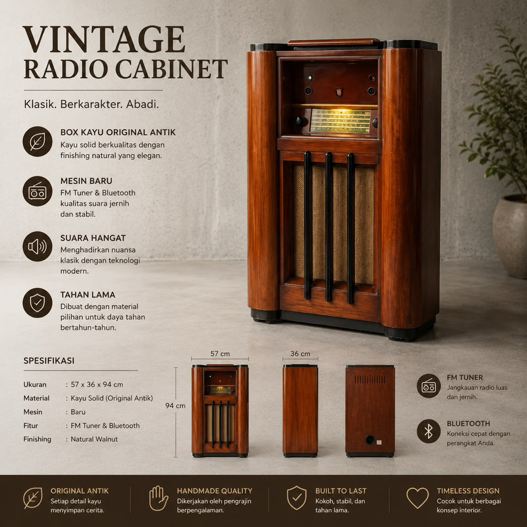 Vintage Radio Cabinet Radio Antik Kayu Solid FM Tuner Bluetooth – Retro Classic