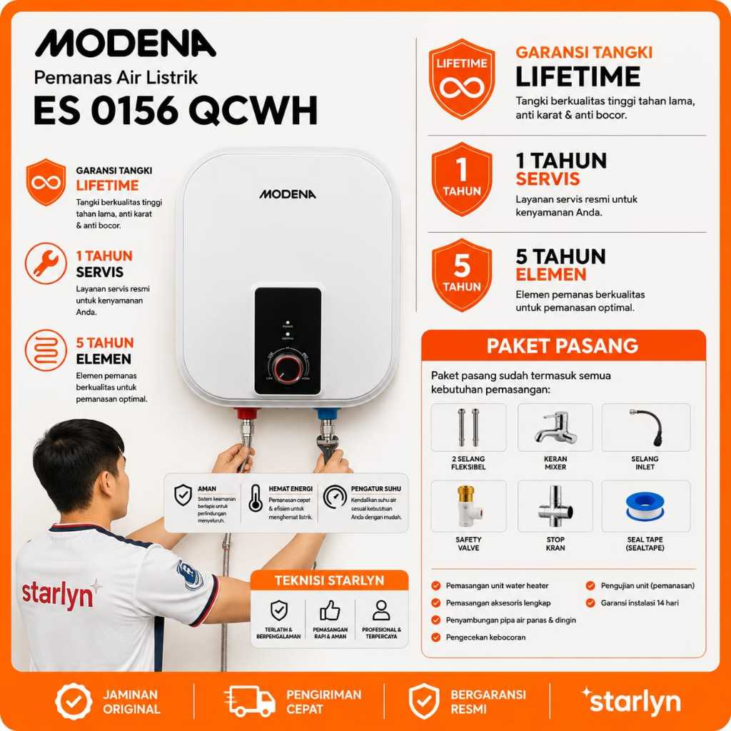 MODENA Water Heater Listrik 10L/15L Pemanas Air Listrik Low Watt ES 0106 QCWH / ES 0156 QCWH