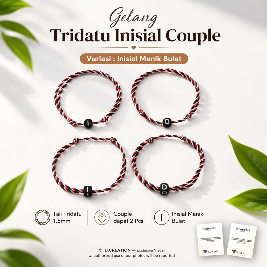 Gelang Couple Tridatu Khas Bali - Bisa Costum Inisial Ukuran 1.5mm Waterproof