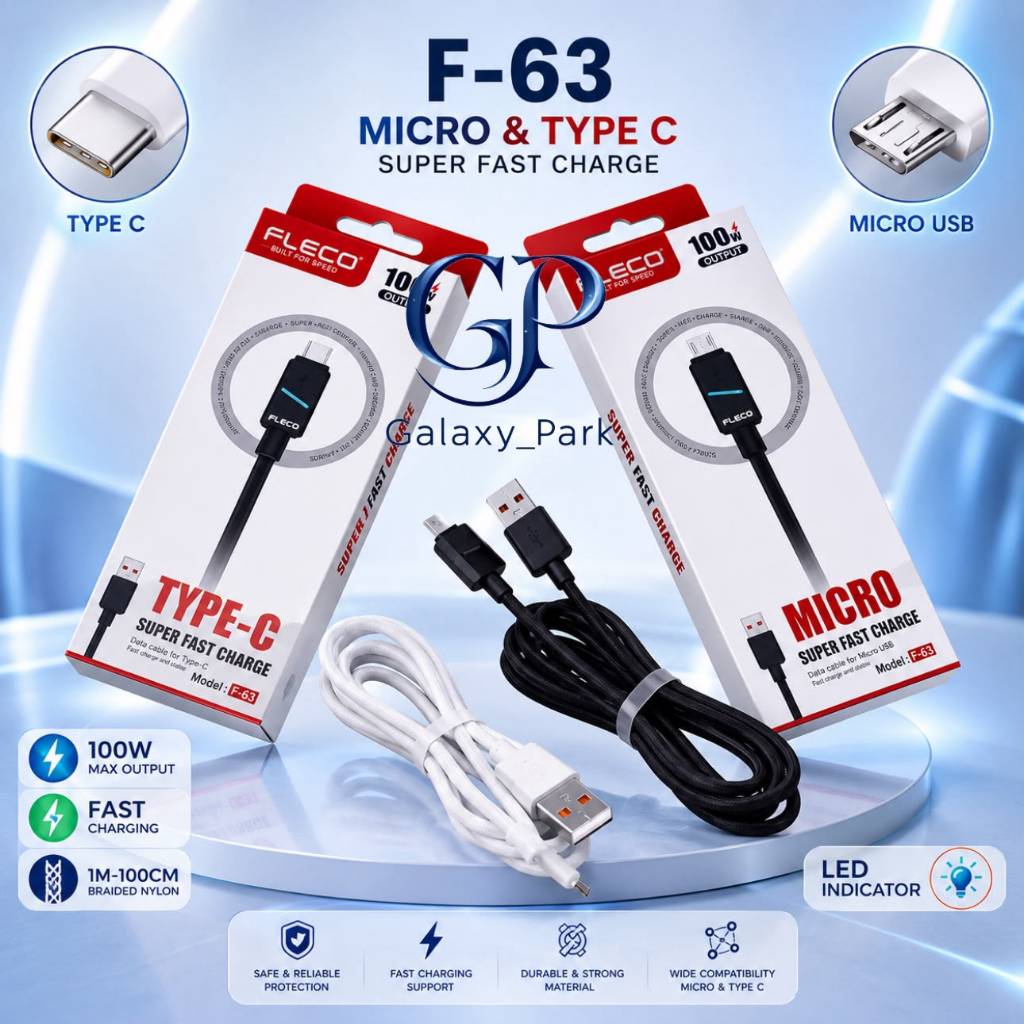 Fleco F-63 Kabel Data LED Light Super Fast Charging 100W 6A Micro / Type C [GLX]
