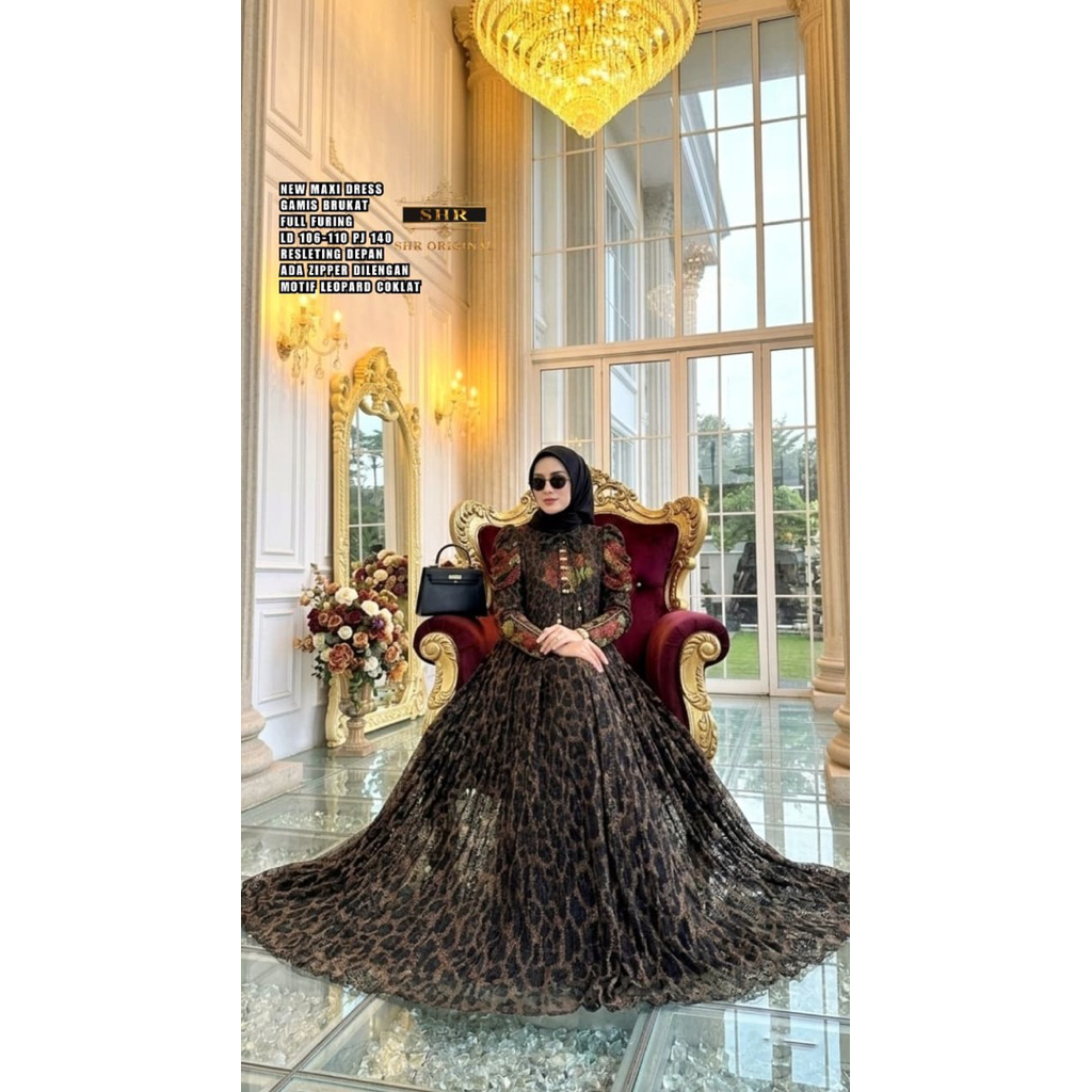 NEW SHR ORI READY MAXI DRESS PRINCES LEOPARD BRUKAT FULL PURING OR SHR 100%