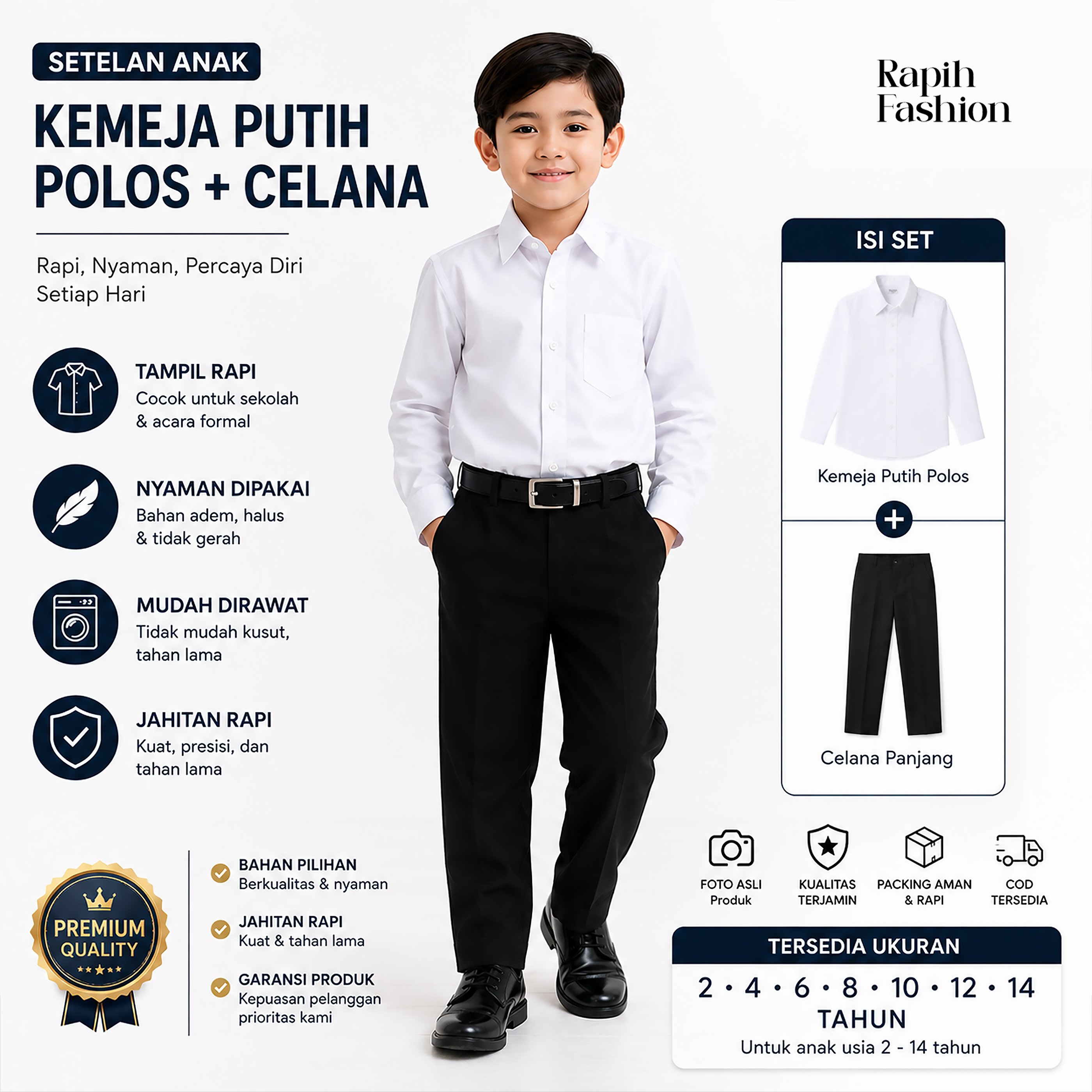 Setelan Anak Laki-Laki Kemeja Putih Polos + Celana Hitam Formal | Sekolah, Wisuda & Perpisahan