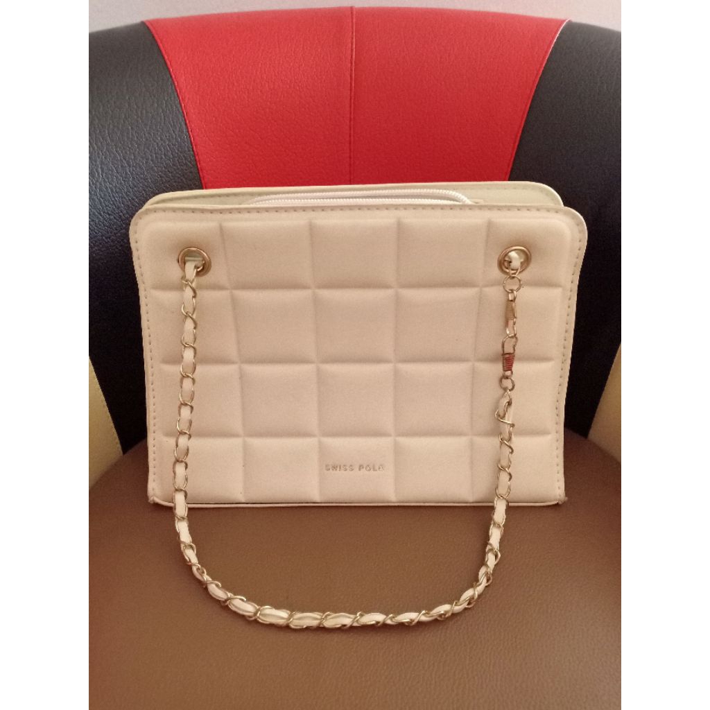Preloved Swiss Polo White Quilted Chain Shoulder Bag