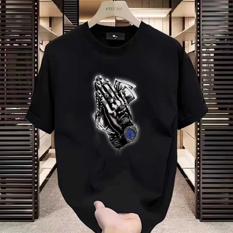 COD Kemeja Kaos Kaos Polo pria motif tangan doa jam saku biru uang dolar hitam putih katun vintage k