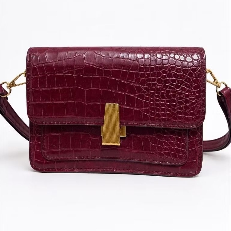 (Pre-loved) Tas Selempang Wanita Motif Croco Maroon Elegan