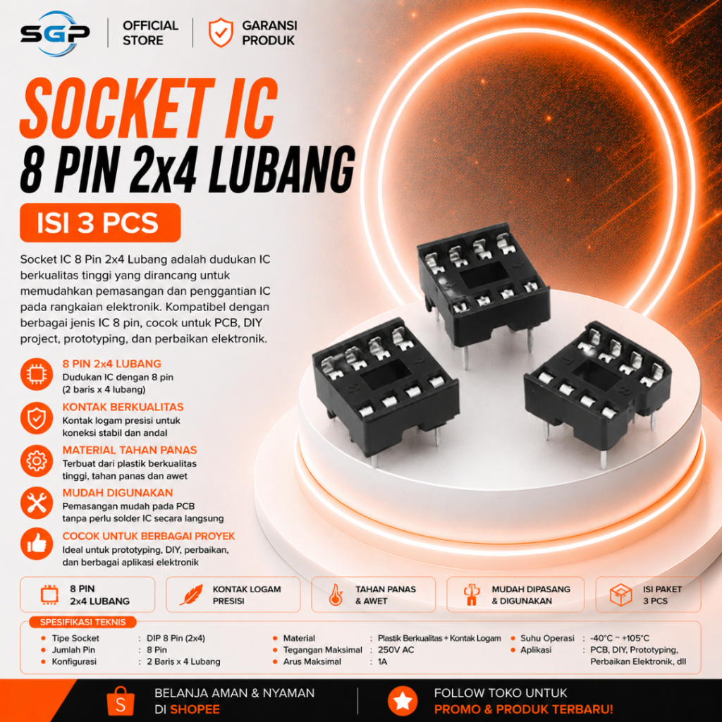 Socket IC 8 Pin 2x4 Lubang 4x2 Dudukan IC DIP 8 untuk Op-Amp Timer 555 & IC Mikro Socket IC 8 Pin So