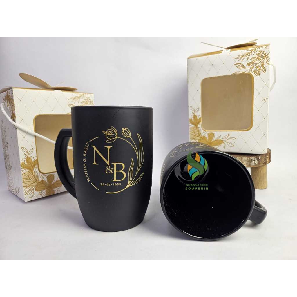 Souvenir CG Oval Jumbo Laminasi Cat Hitam Gelas Gagang Besar 430ml Tumbler Mug Minum Kaca Doff Hitam