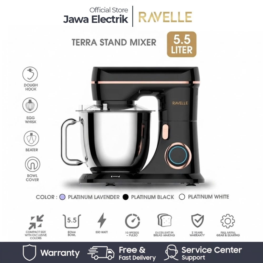 RAVELLE Stand Mixer 5.5L Terra Electric Mixer - Platinum Black
