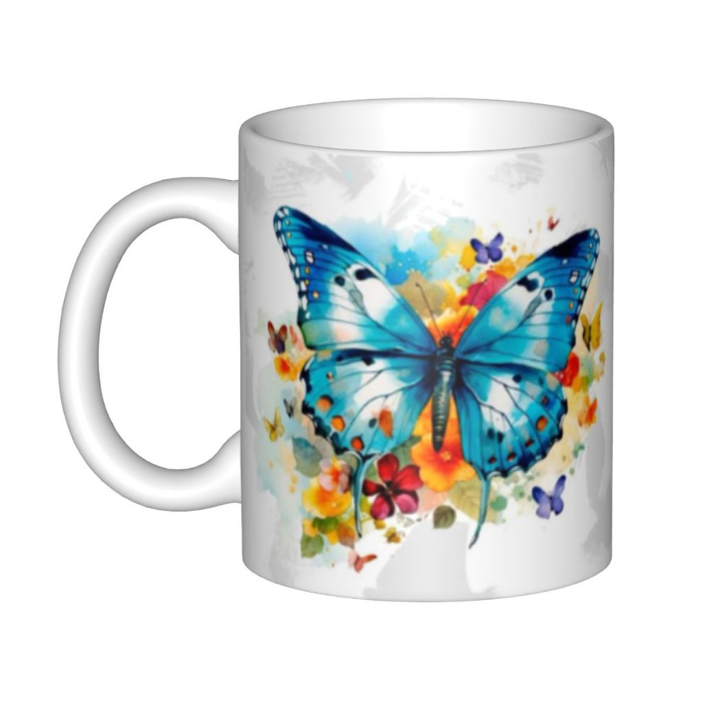 Mug Coffee Keramik Motif Kupu-Kupu Biru Cat Air Tulisan Quotes Portugis Lucu Gelas Kopi Teh Estetik 