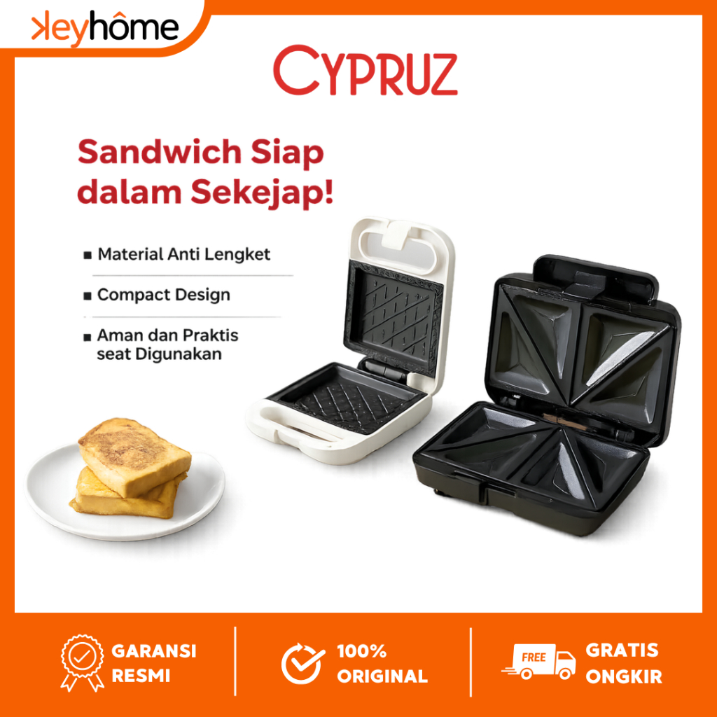 Cypruz Sandwich Maker - Pemanggang Roti Anti Lengket Low Watt