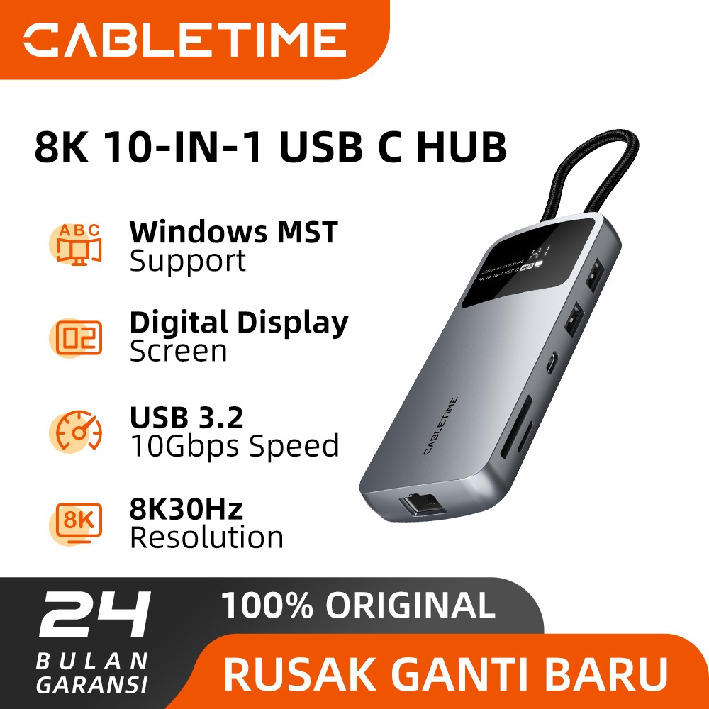CABLETIME USB C HUB Multiport USB-C to HDMI 4K DP PD RJ45 TRRS SD / TF Multi Screen Series