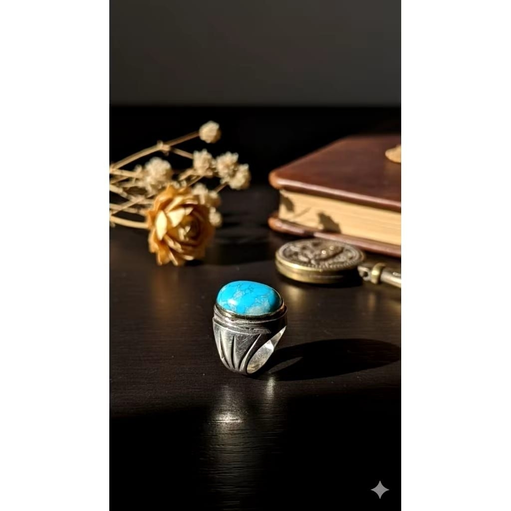 cincin batu akik pirus mesir urat perak ring monel tanam 18x13