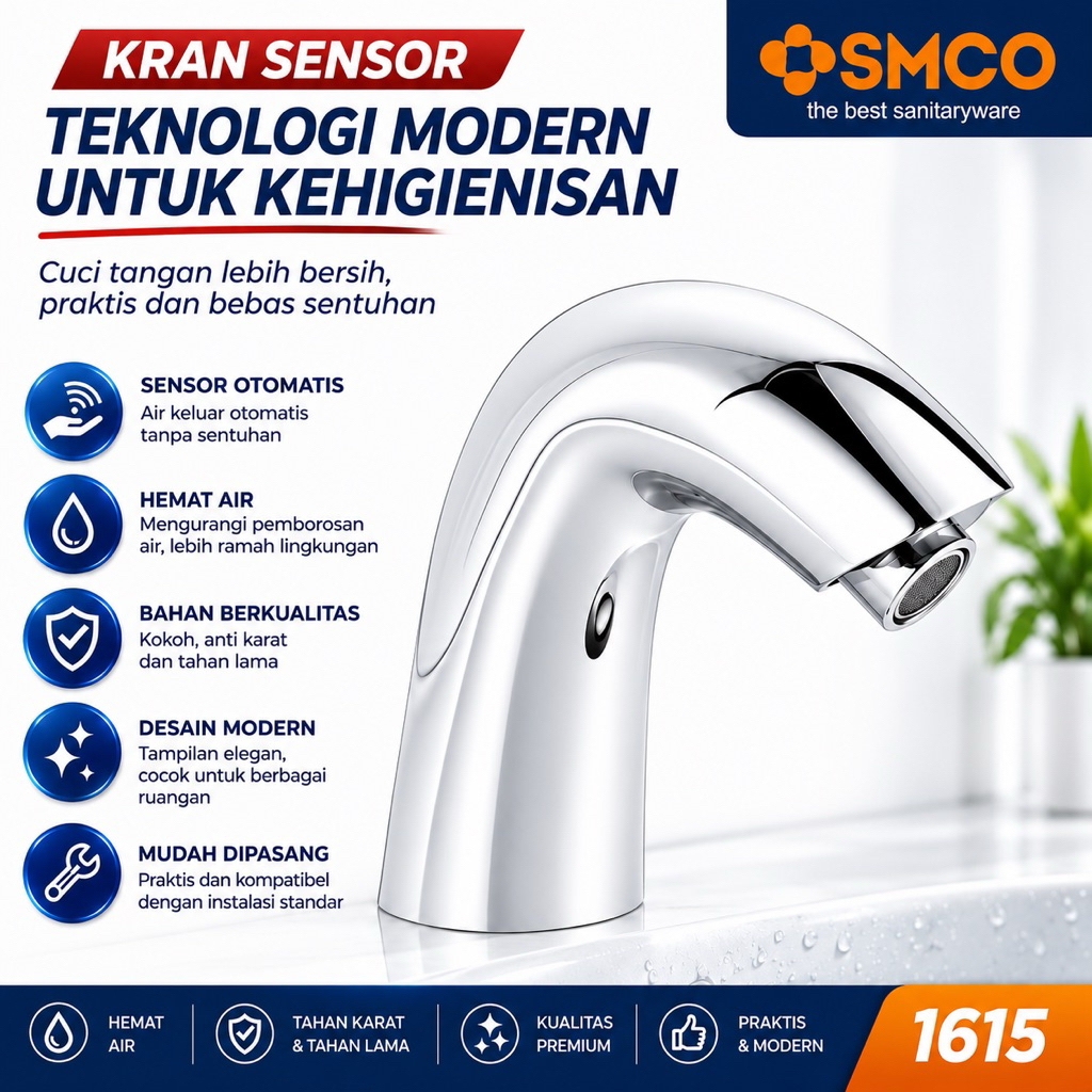 Kran Sensor Otomatis Wastafel Cuci Tangan Chrome Kuningan Listrik Baterai SMCO 1615