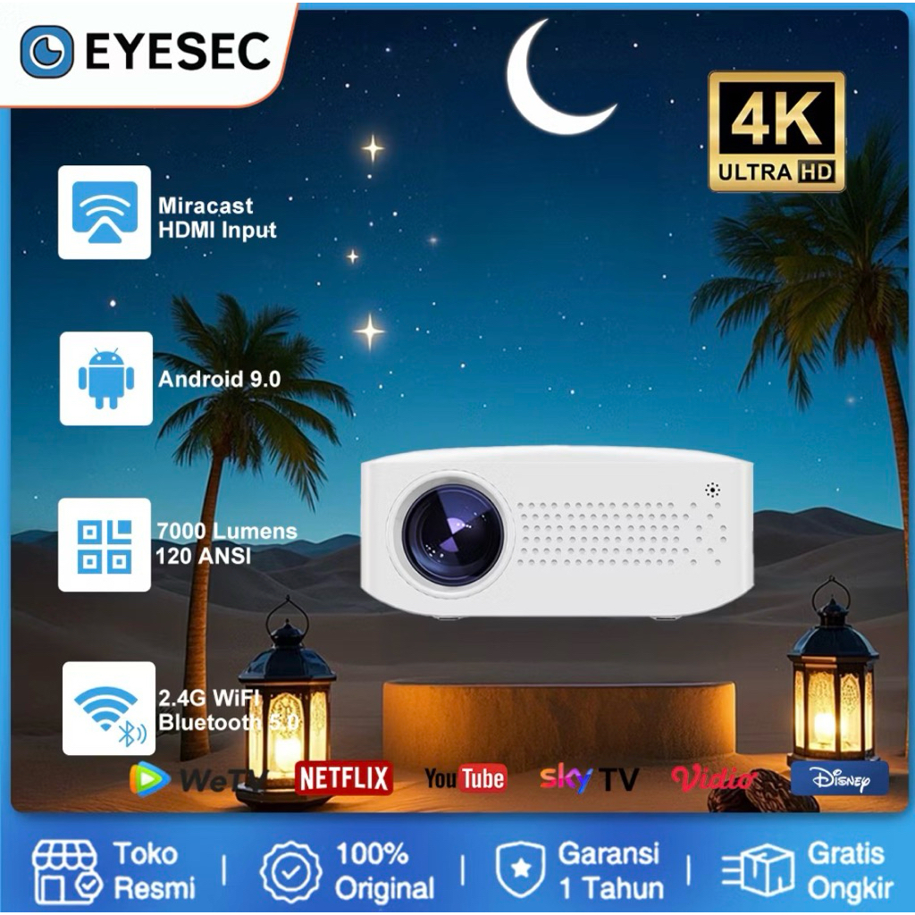 Proyektor Android 4K UHD T1 7000 Lumens | WiFi 2.4G & Bluetooth 5.0 | Mini LCD Projector Home Theate