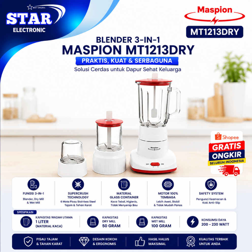 MASPION BLENDER 3in1 MT1213/MT-1213/MT-1213/MASPION DRY BLENDER PLASTIK/