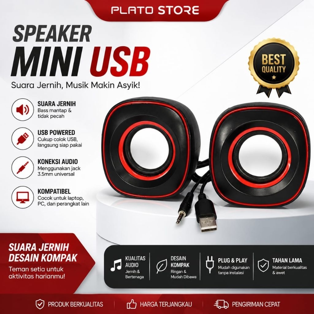 PLATO STORE - Speaker Mini USB 2.0 Multimedia Stereo Speaker Laptop & PC Plug and Play