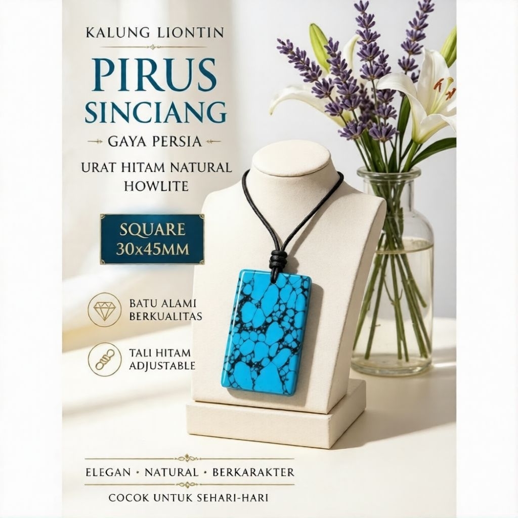 Kalung Tali Hitam Batu Akik Pirus Sinciang Gaya Persia Ceplok Kuro 30x45mm Natural Model Terbaru