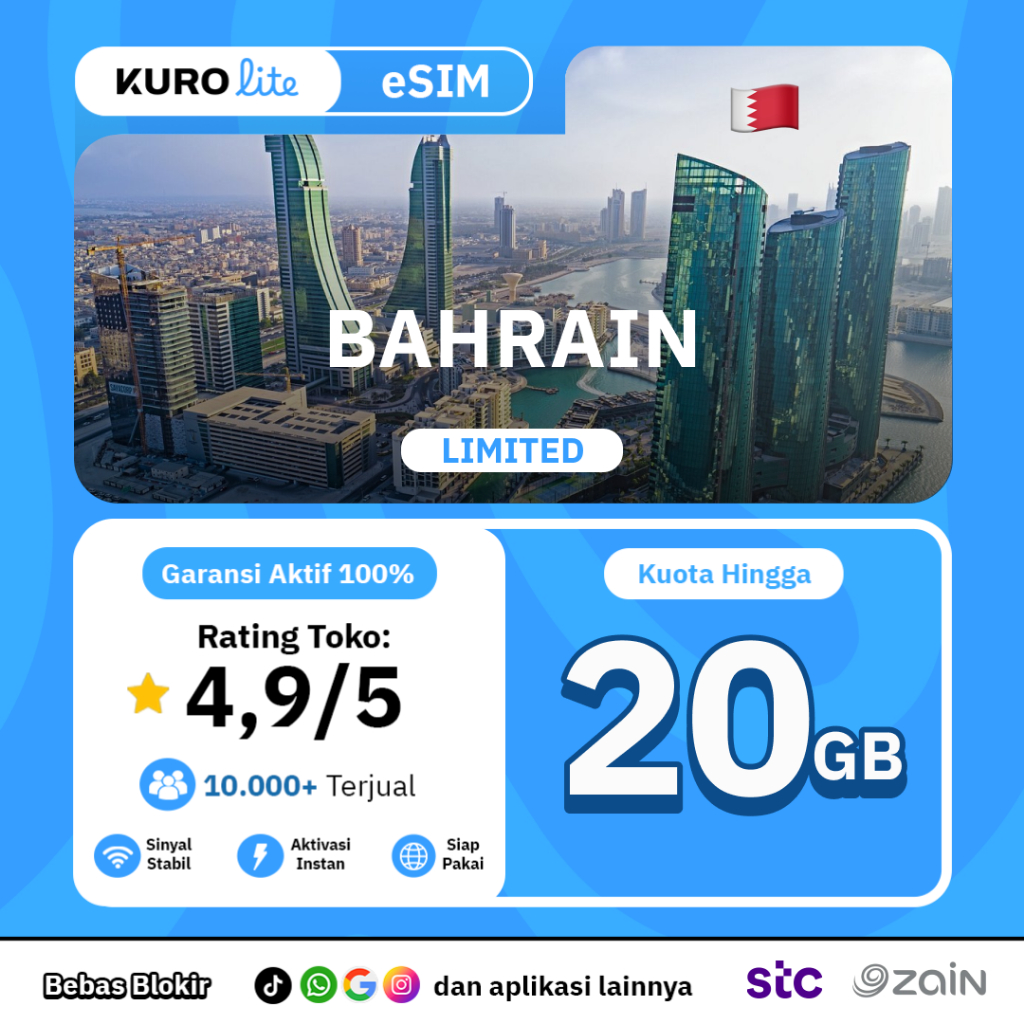 eSIM Bahrain Kuota Besar Kurolite | Internet Travel Data Roaming Manama STC Zain 5G - KUROSIM