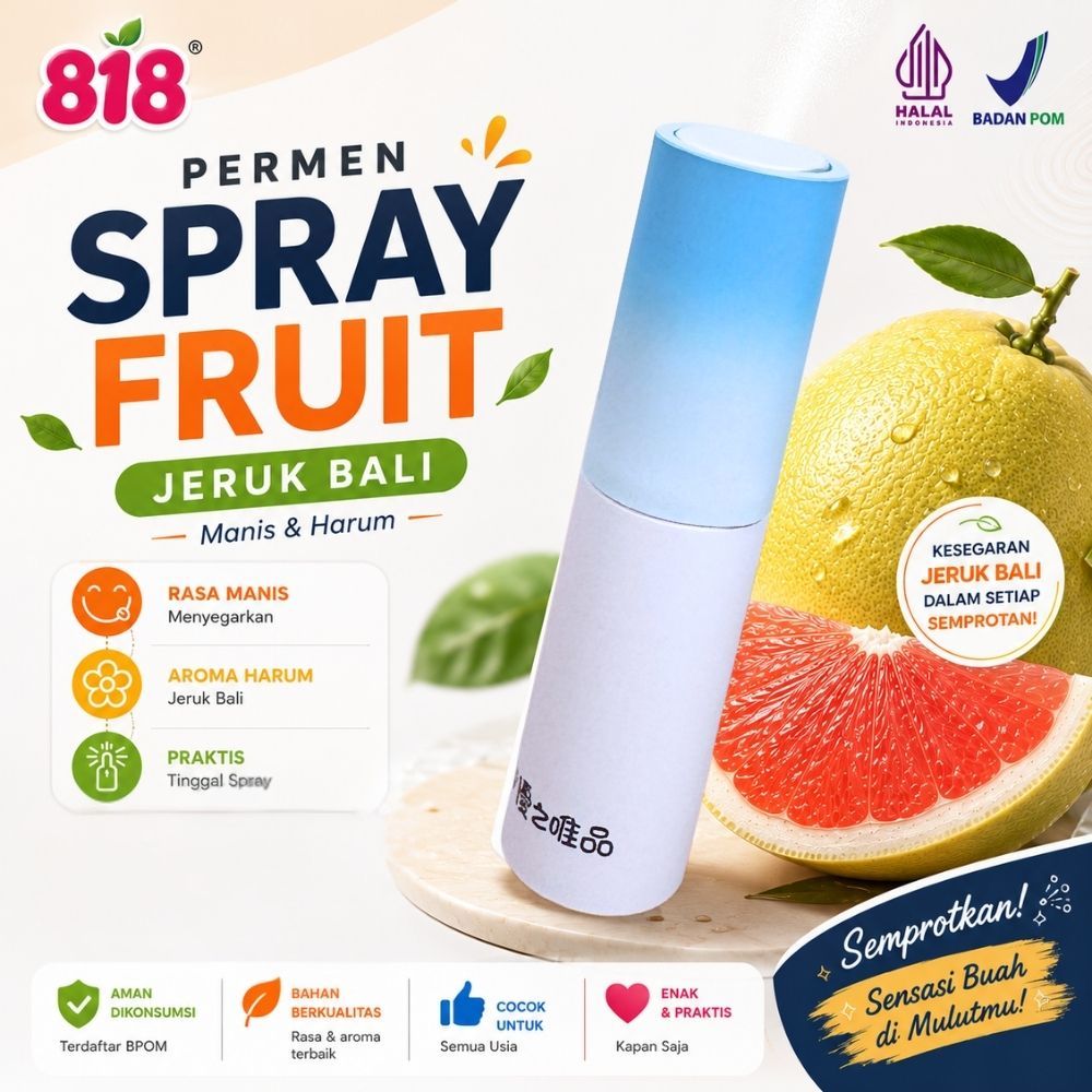 Spray Fruit Candy Permen Semprot Cium Rasa Persik Jeruk Bali Premium Halal BPOM Aroma Buah Menyegark