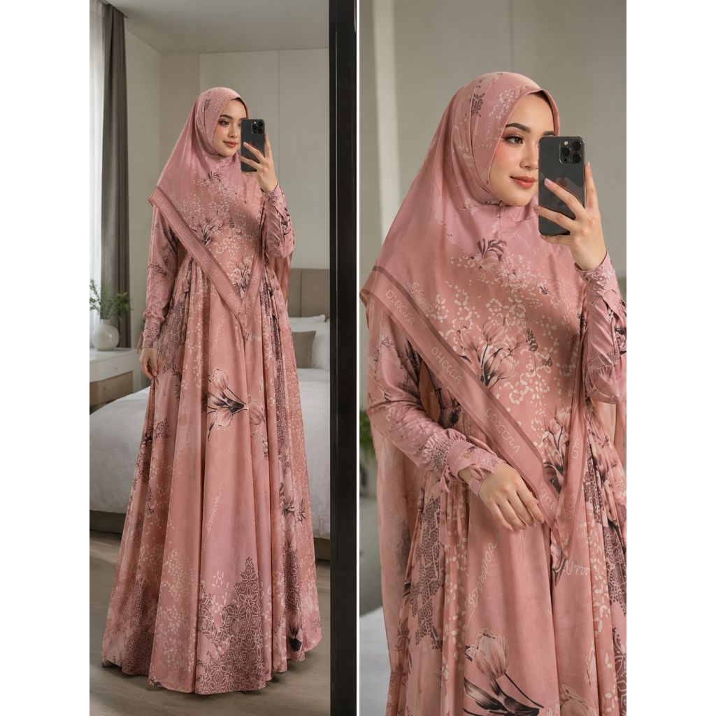 NAZEELA BY D'MECCA SYAR'I GAMIS CERUTY PREMIUM PRINTING SET KHIMAR JILBAB SERAGAMAN PENGAJIAN MAJELI