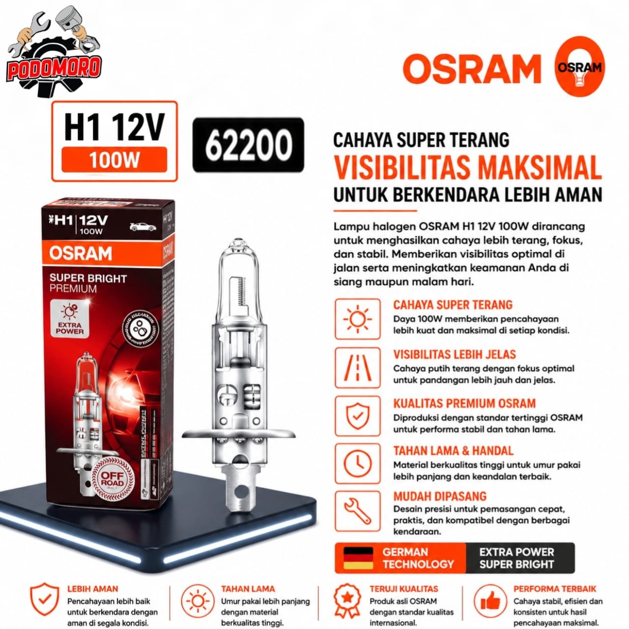 Bohlam Lampu OSRAM Foglam Headlamp H1 12V 100W 62200 Fog Lamp Hologen Universal Original