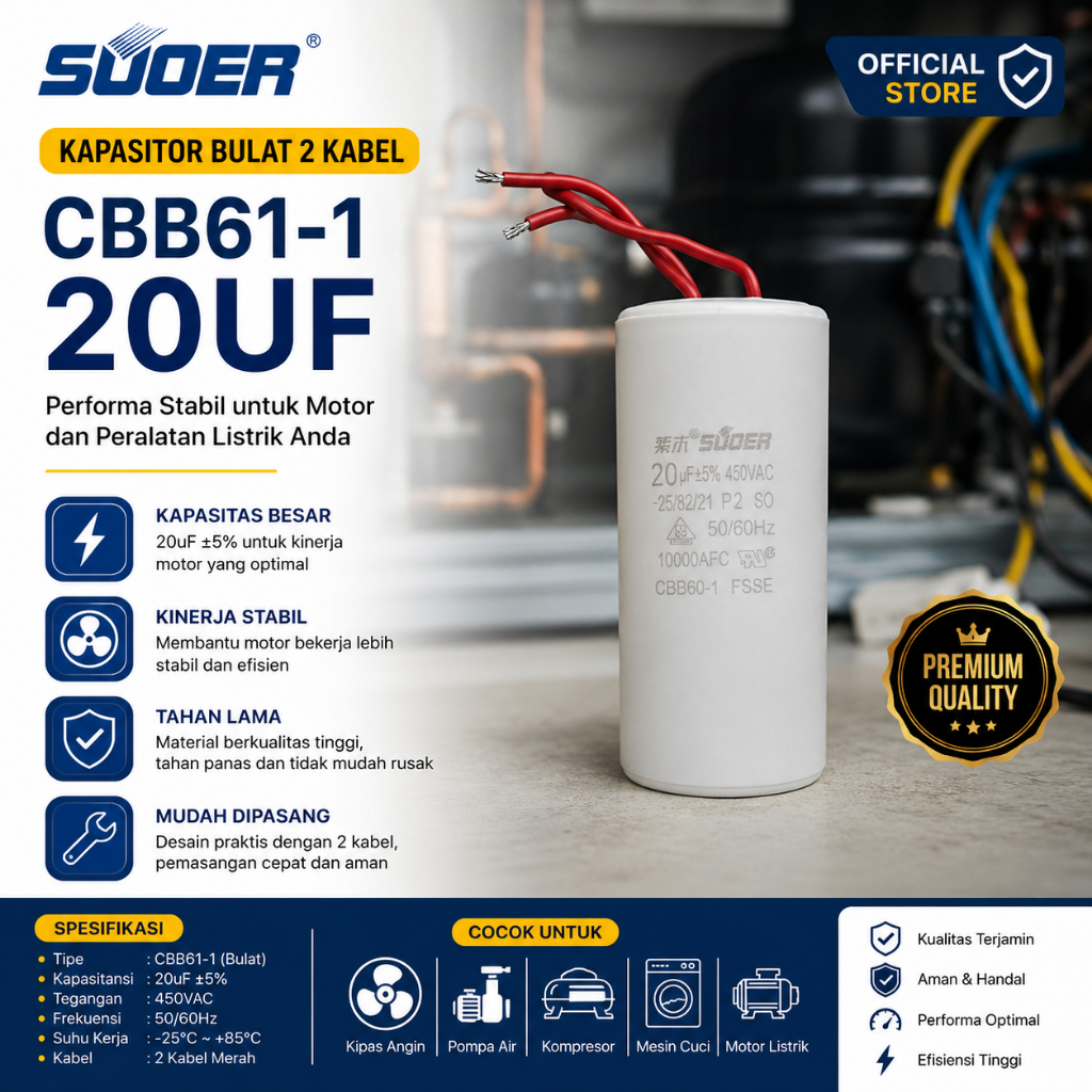 SUOER KAPASITOR BULAT 2 KABEL CBB60 20UF