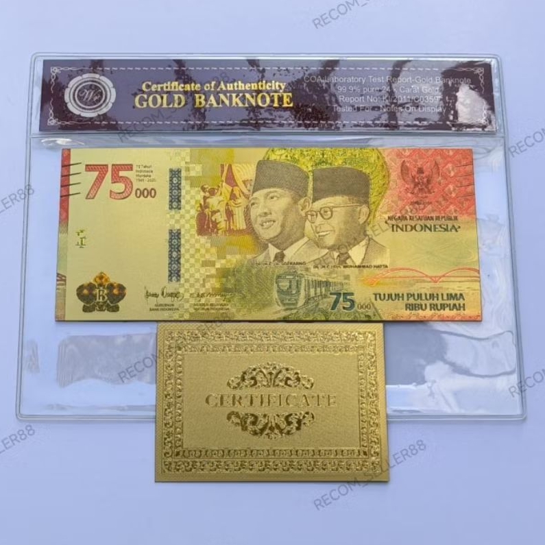 uang souvenir gold foil gambar UPK peringatan kemerdekaan 75.000 soekarno hatta soufenir goldfoil 75