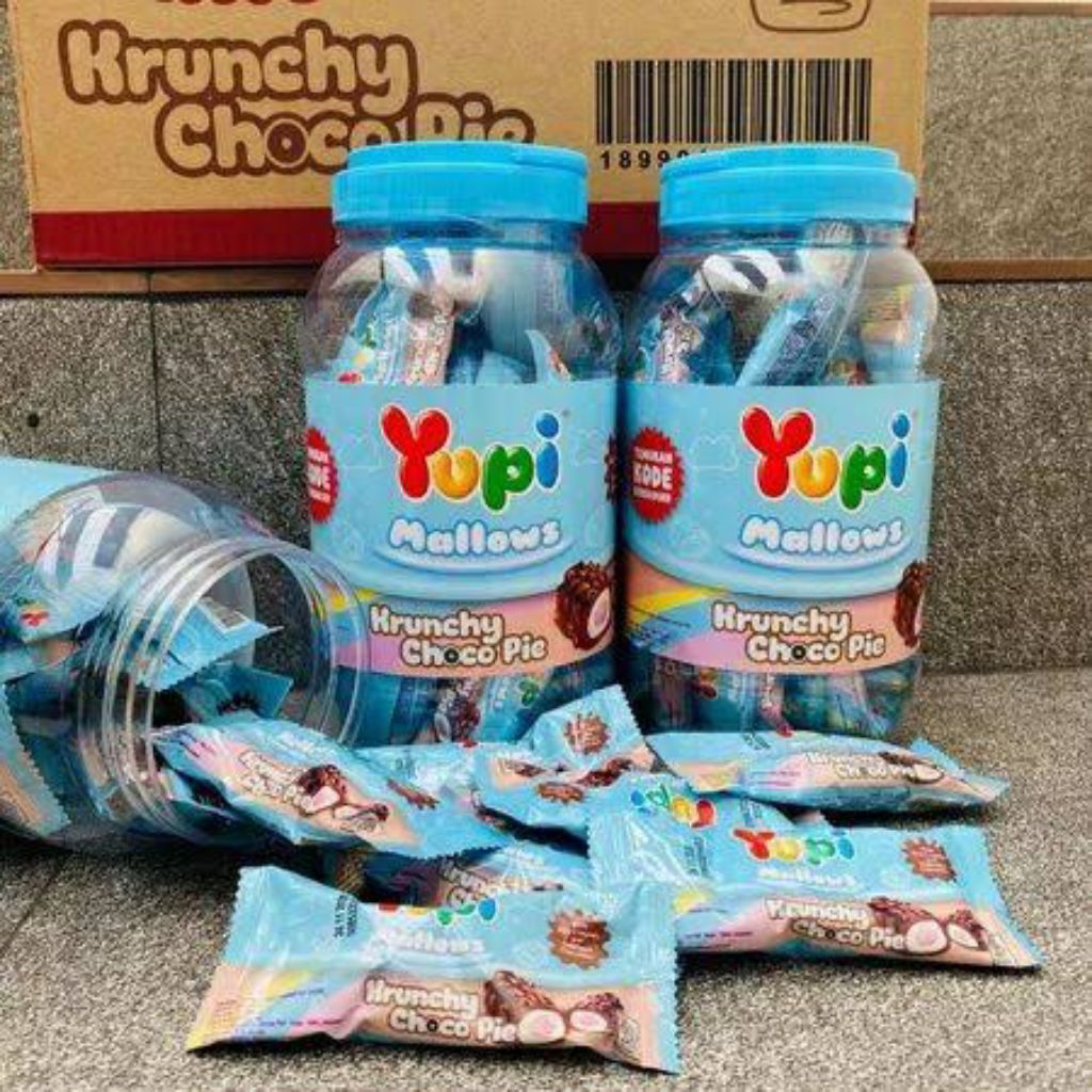 YUPI MELLOW KRUNCY CHOCO PIE & STRAWBERRY KISS 1 DUS KARTON ISI 6 JAR/TOPLES