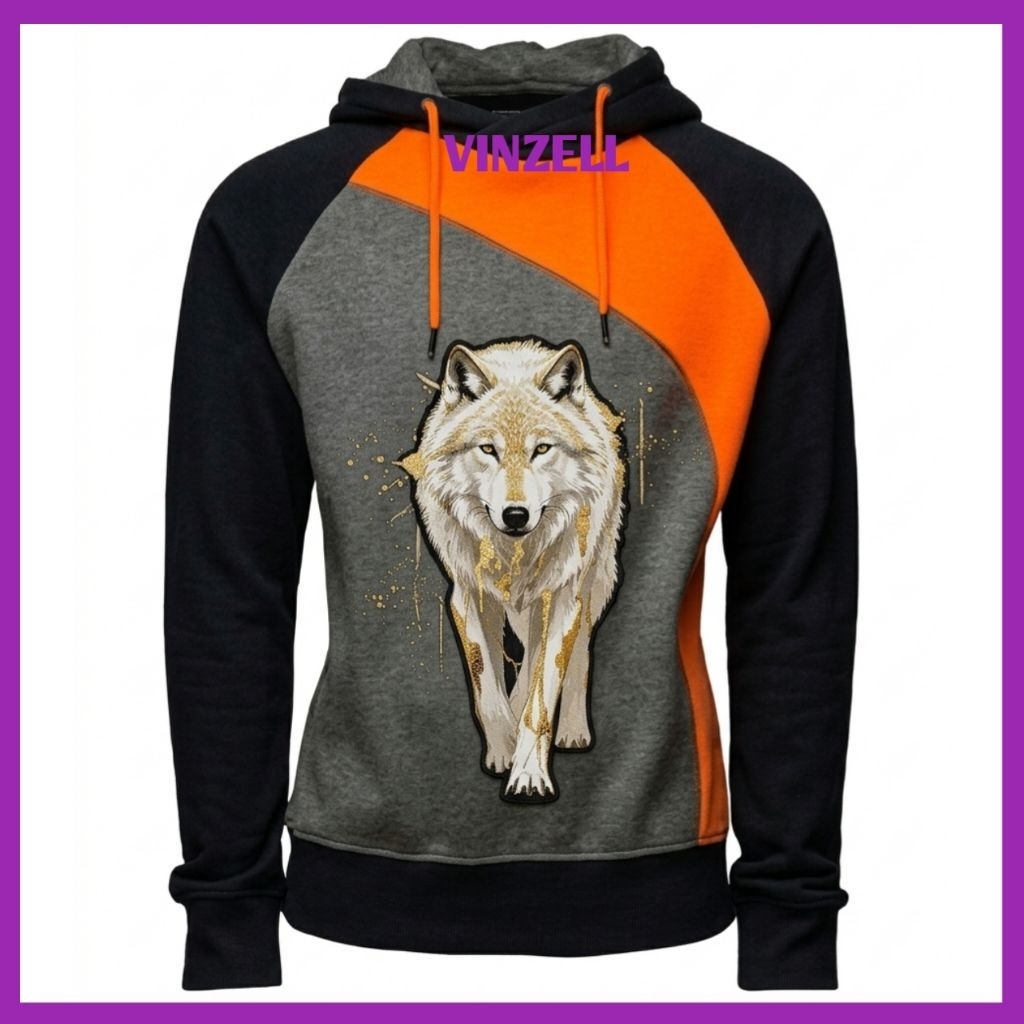 VINZELL Sweater Hoodie Pria Wanita Unisex Graphic Print Serigala Gold Wolf Combination Block Grey Bl