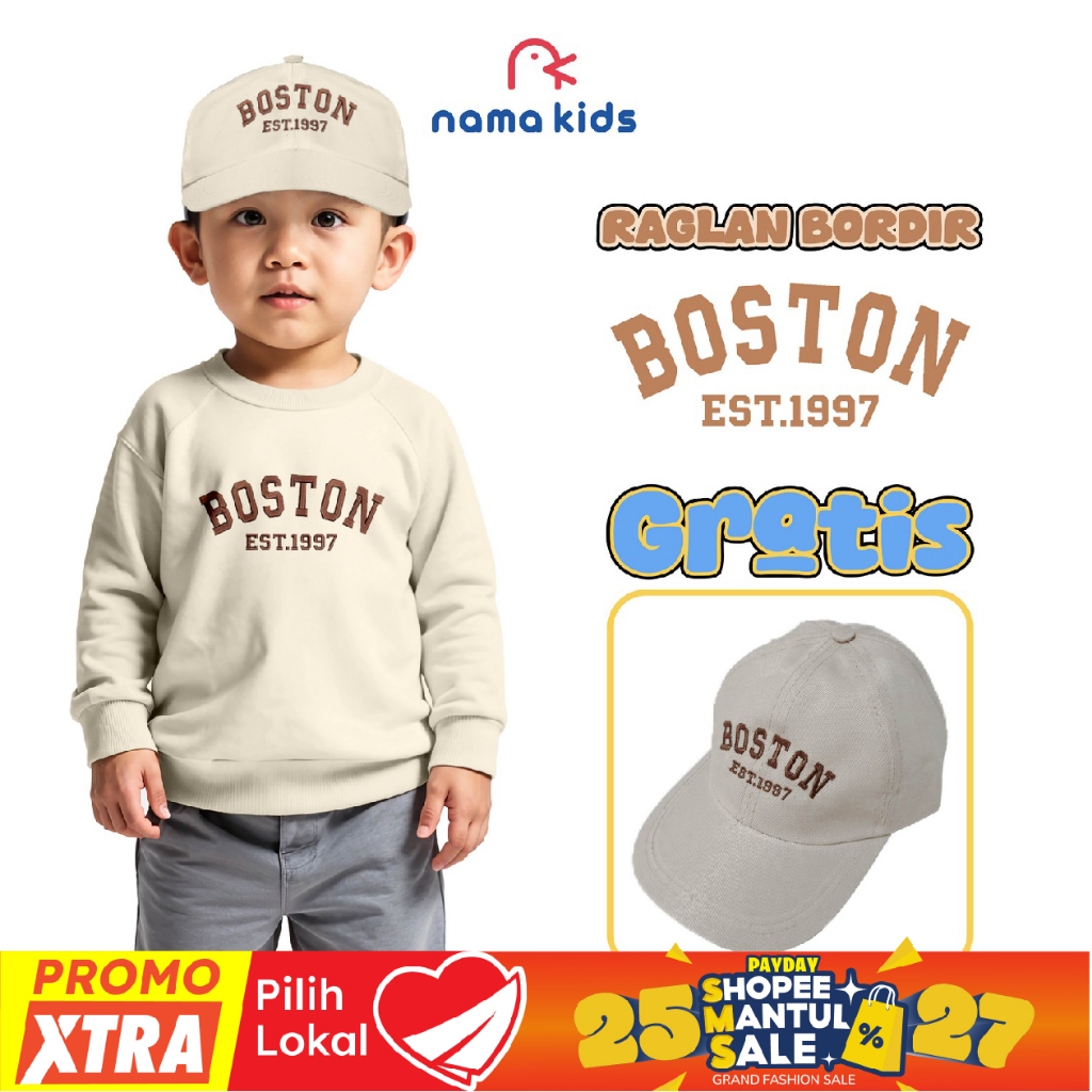( FREE TOPI) Sweater Anak Raglan Bordir Boston Est 1997 Sweater Bahan Fleece Sweater Anak Cowo Cewe 