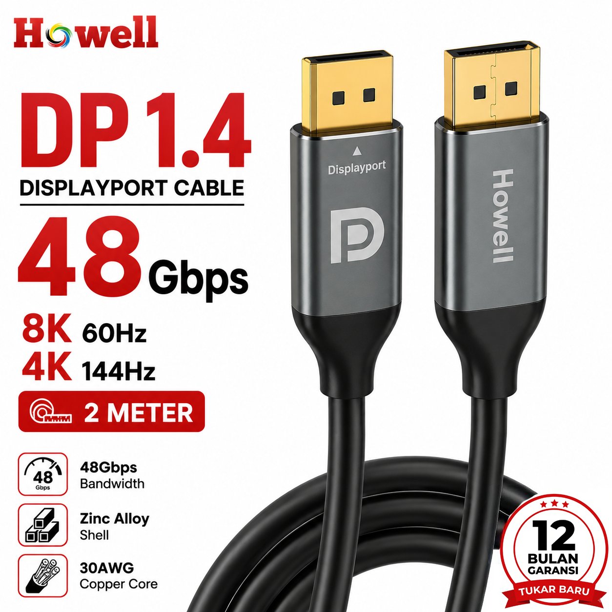 HOWEL Kabel DisplayPort 1.4 8K 60Hz 4K 144Hz 2K 240Hz DP to DP 2M PC Gaming Monitor