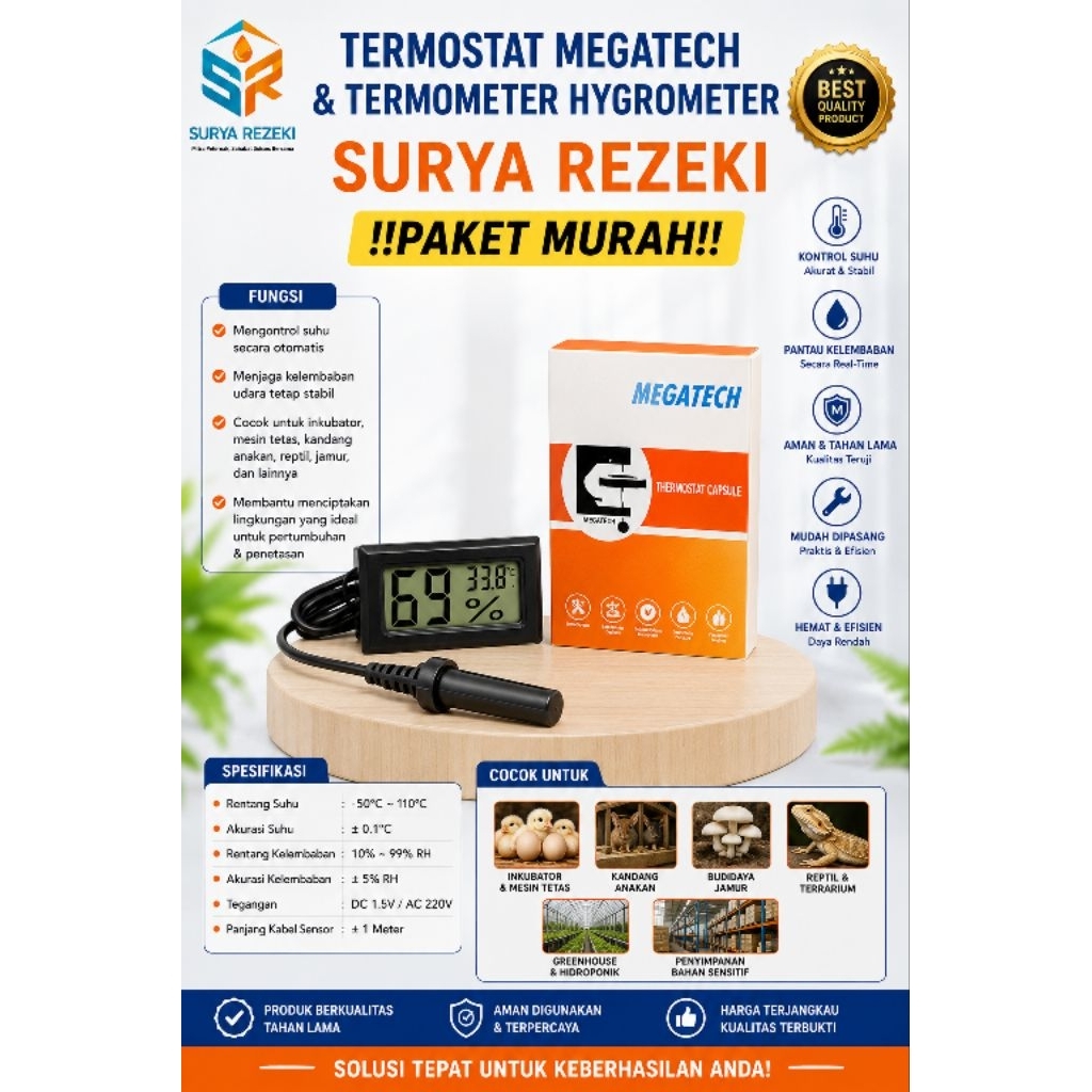paket termostat megateck dan termometer hygrometer digital sensor mesin tetas telur full otomatis / 