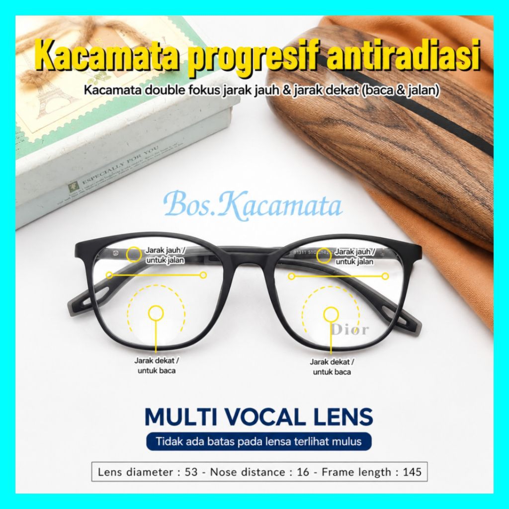 Paket Kacamata Lensa Progresif (Baca+Jalan) Kacamata Pria/Wanita Lensa Progresif Antiradiasi