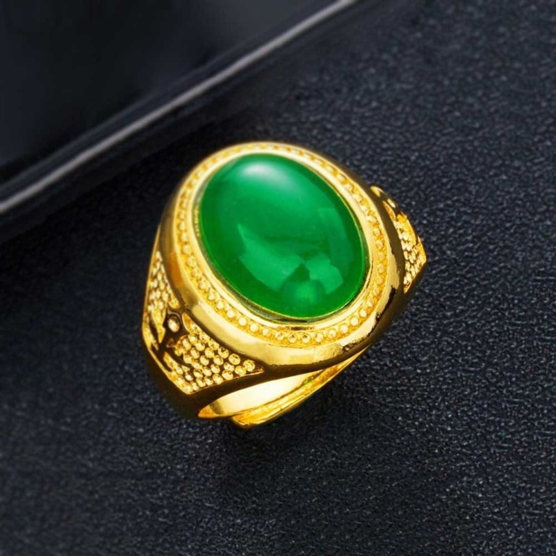 Cincin Pria Emas Mewah Batu Akik Hijau Oval Desain Elegan dan Mewah