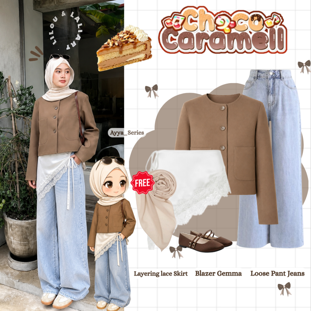 One Set Choco Caremell Korean Hijab Frendly (Blazer + Layering lace Skirt + Celana Jeans) |54