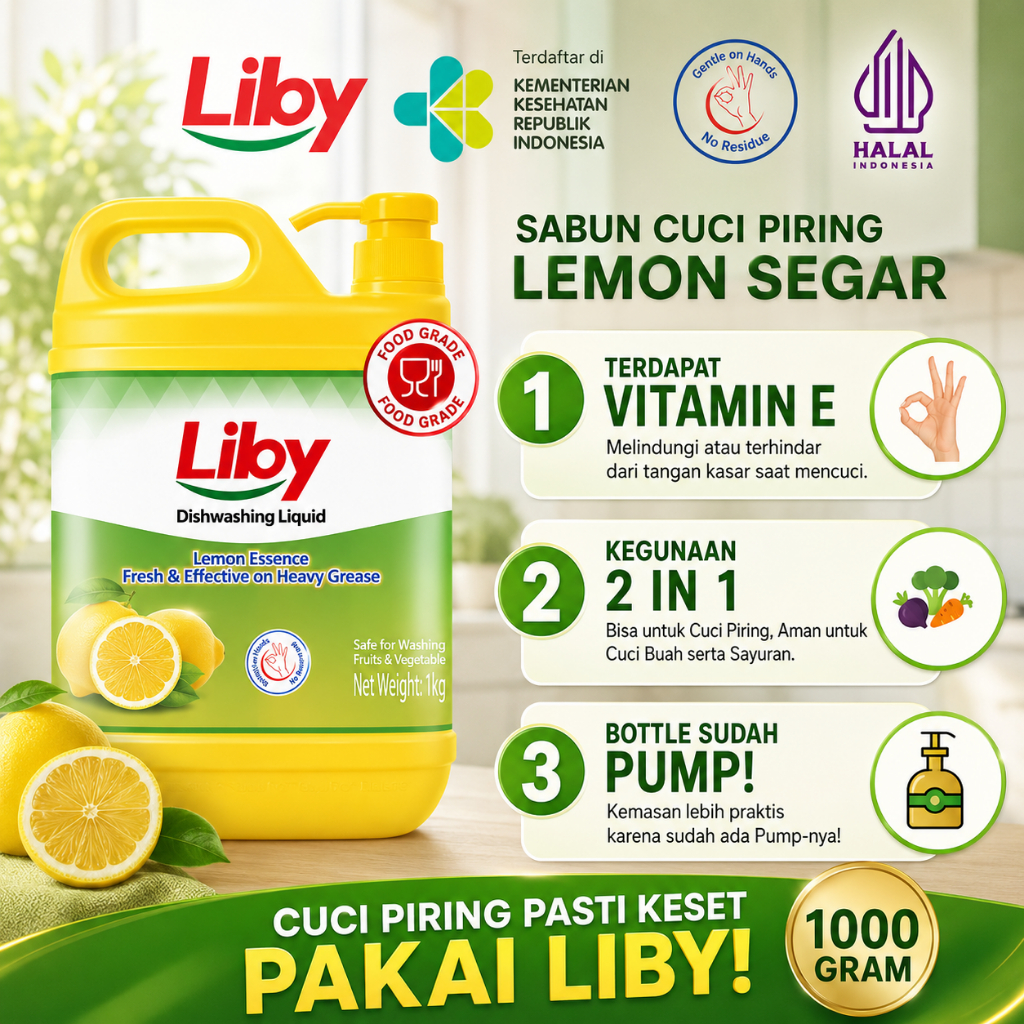[Halal] - LIBY Sabun Cuci Piring Lemon 1 Liter Pump - Anti Bakteri Busa Melimpah Tidak Merusak Tanga
