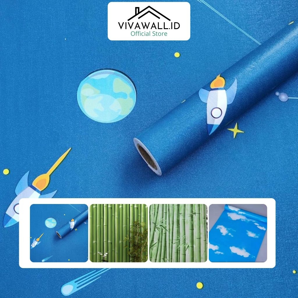 Wallpaper Stiker Sticker Plafon & Dinding Awan Planet Pesawat Biru Tua Muda Ceiling Plastik GH144 GH