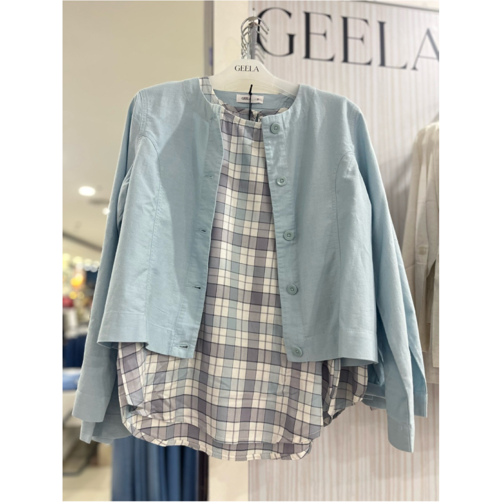 Geela Set Outer Wanita + Blouse Kotak Kotak Premium | Outfit Casual Elegan | Warna Baby Blue | Size 