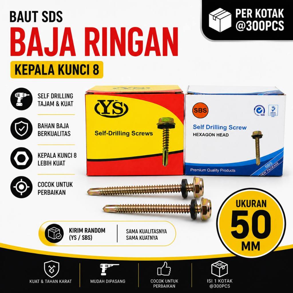 PERKOTAK - Baut SDS Baja Ringan Seng Roofing YS SBS 50 MM / Self Drilling Screw