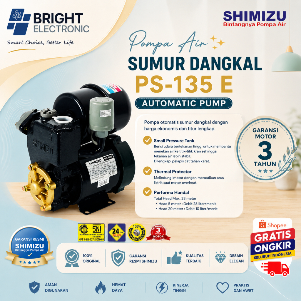 SHIMIZU POMPA AIR PS 135 E AUTOMATIC PUMP ORIGINAL/PS135E/PS-135E/PS-135 E/PS135/PS-135 E HITAM