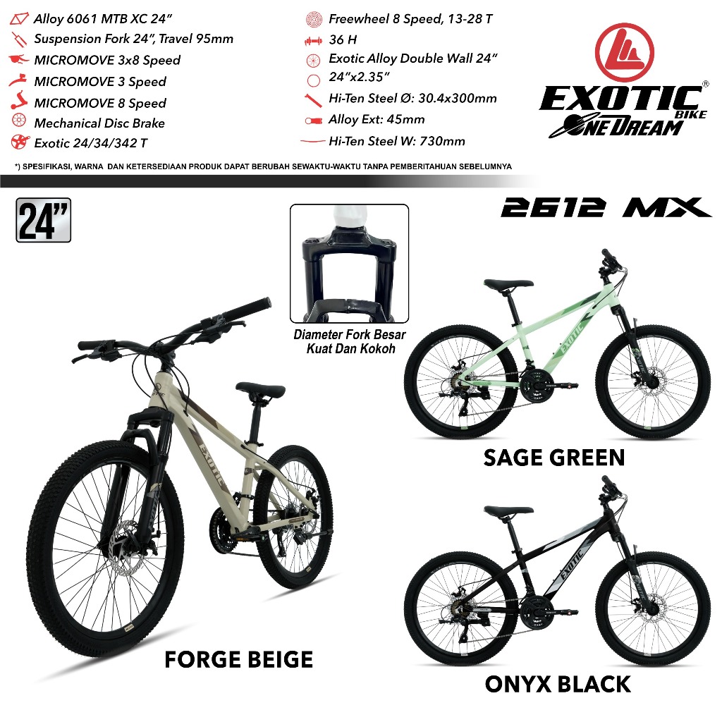 sepeda gunung exotic 2612 24 inch frame alloy 6061 3x8speed